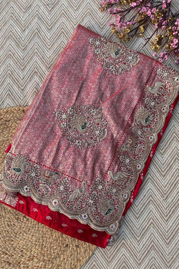 Red Rani Banarasi Satin Unstitched Saree Embellished With Zari, Moti, Sequins & Cutdana Work