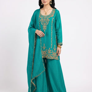 Firozi Chinon Indo Western with Cutdana Embroidery 1