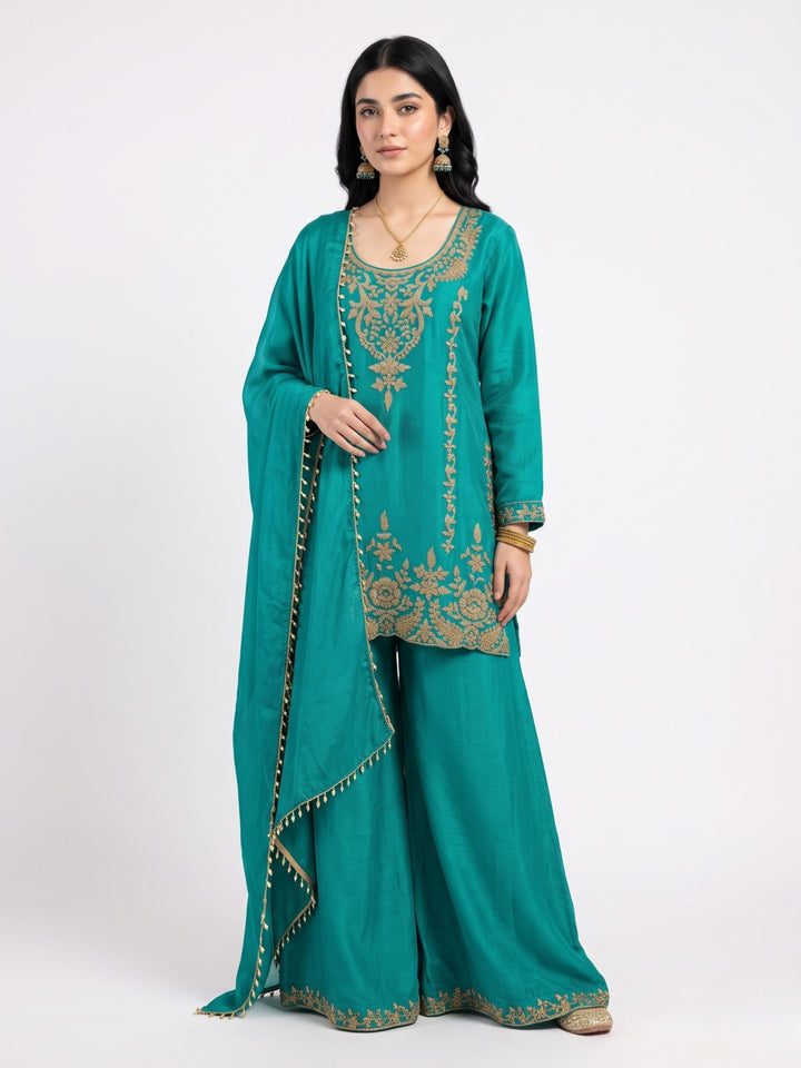 Firozi Chinon Indo Western with Cutdana Embroidery 1