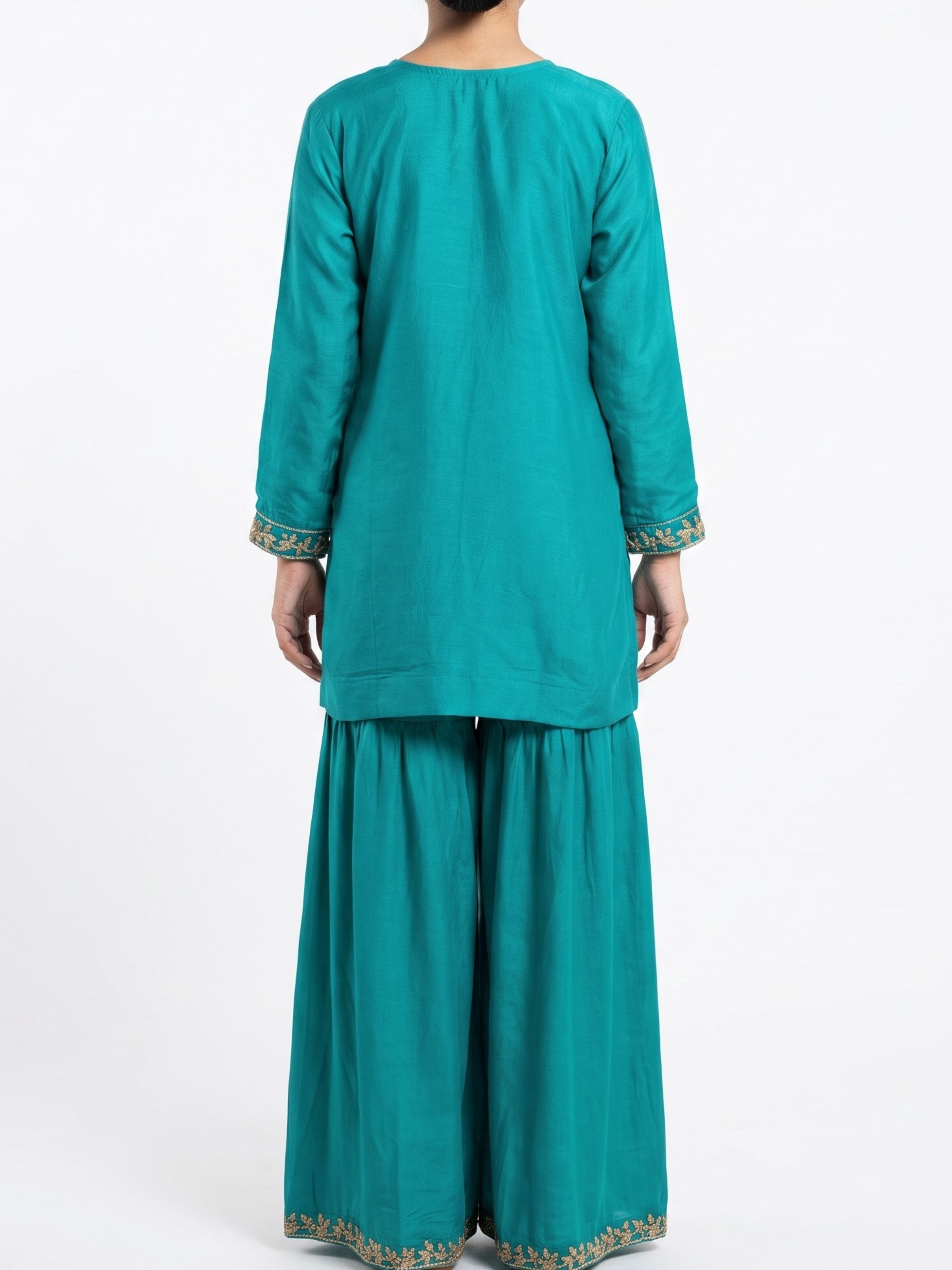 Firozi Chinon Indo Western with Cutdana Embroidery 2