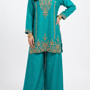 Firozi Chinon Indo Western with Cutdana Embroidery 3