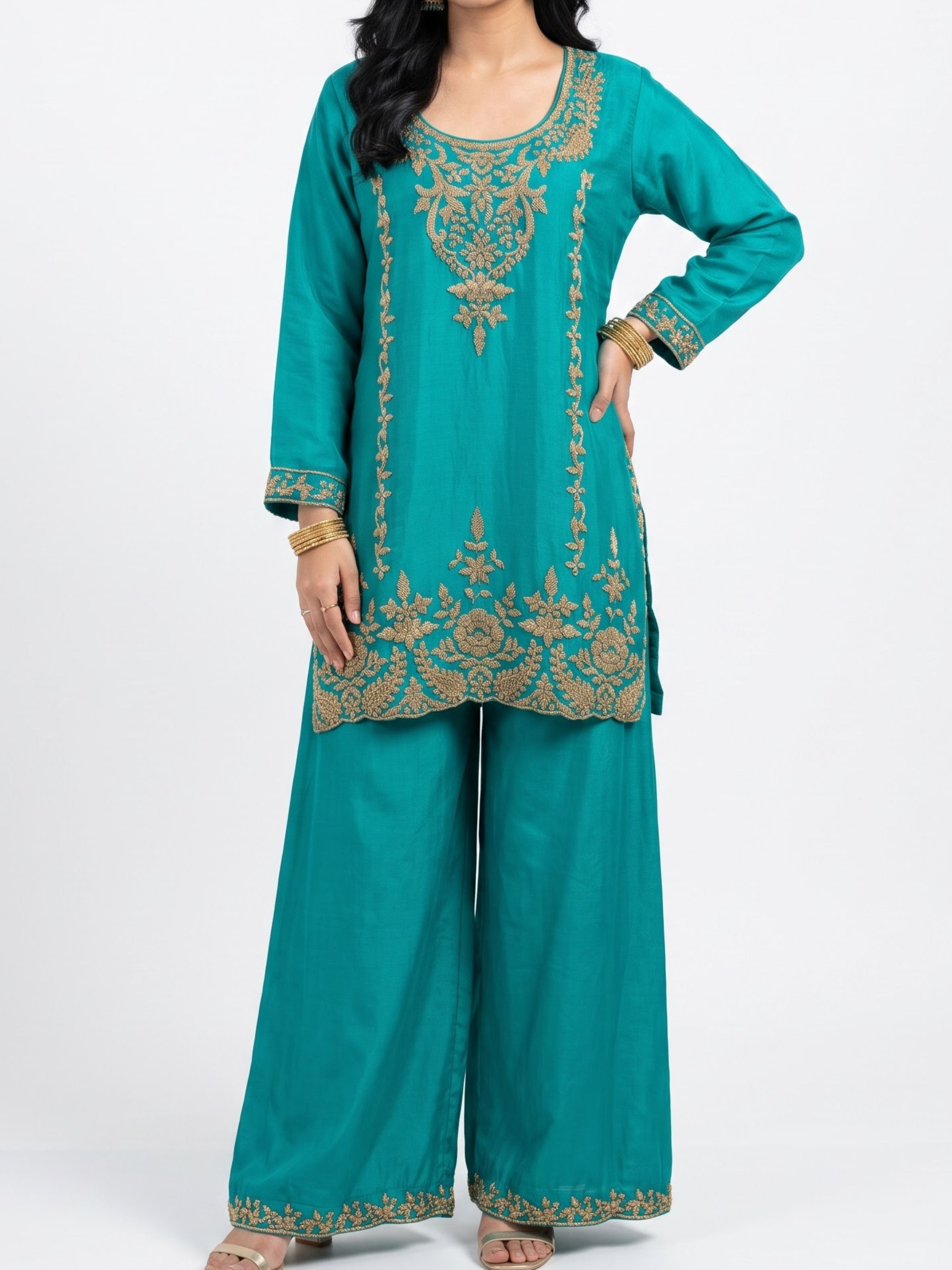 Firozi Chinon Indo Western with Cutdana Embroidery 3