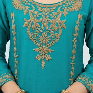 Firozi Chinon Indo Western with Cutdana Embroidery 4