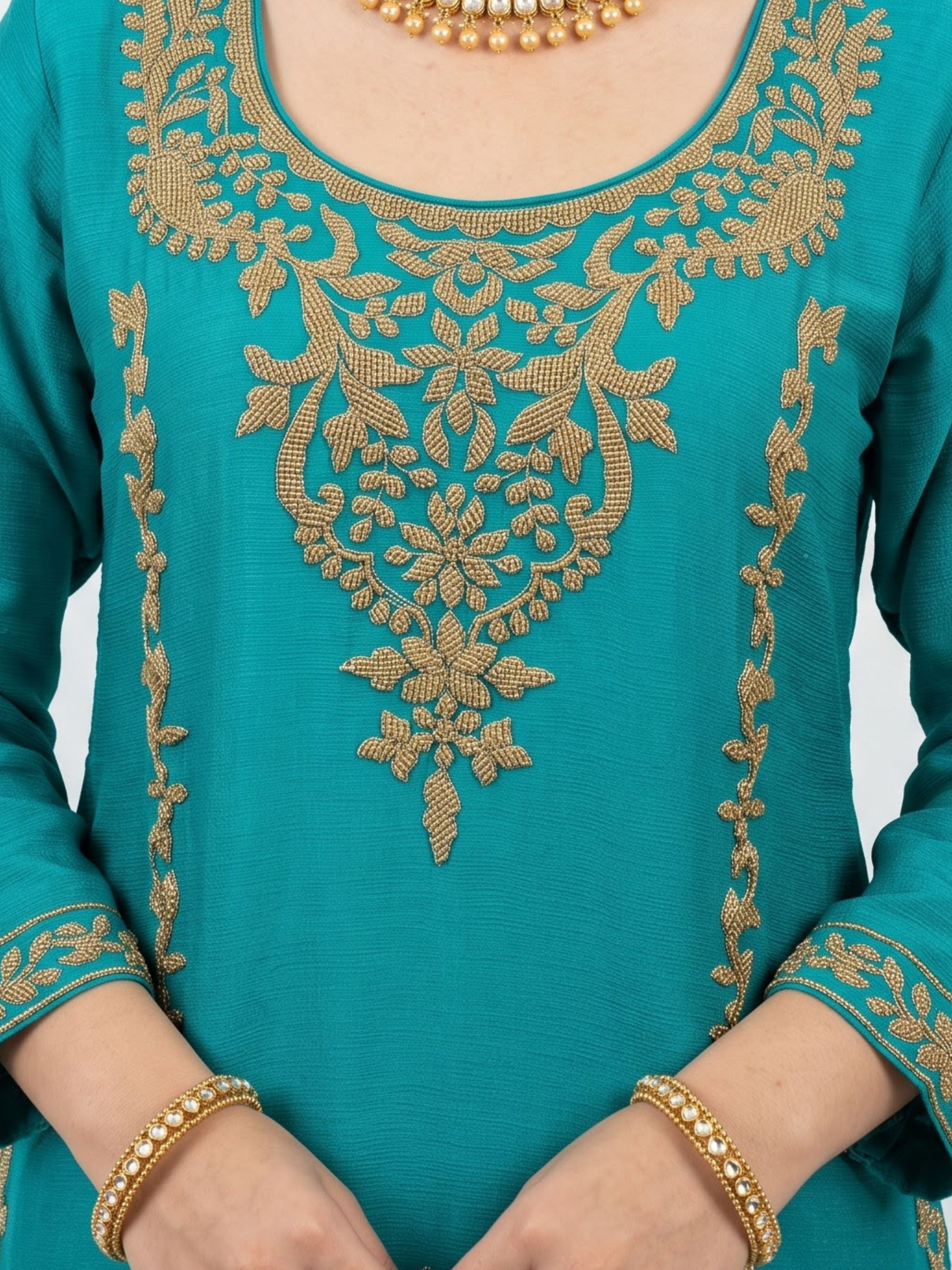 Firozi Chinon Indo Western with Cutdana Embroidery 4