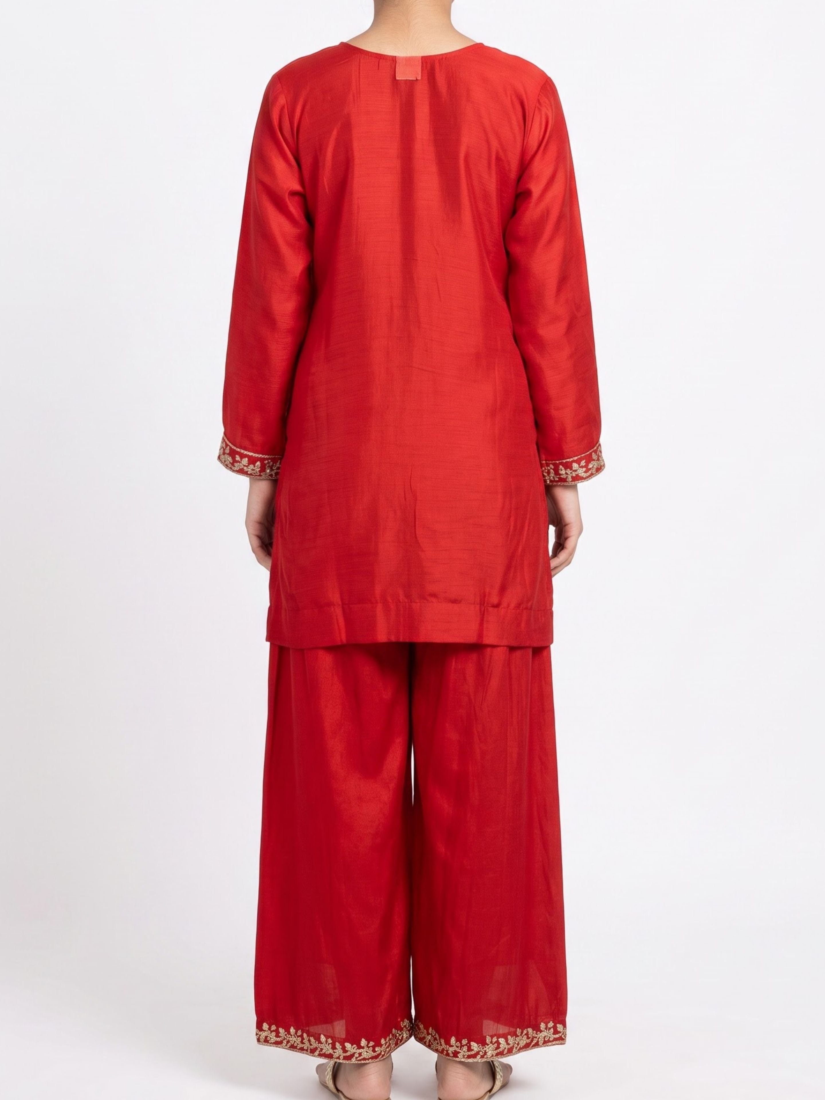 Red Chinon Indo Western with Cutdana Embroidery 1