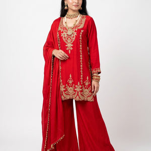 Red Chinon Indo Western with Cutdana Embroidery 2