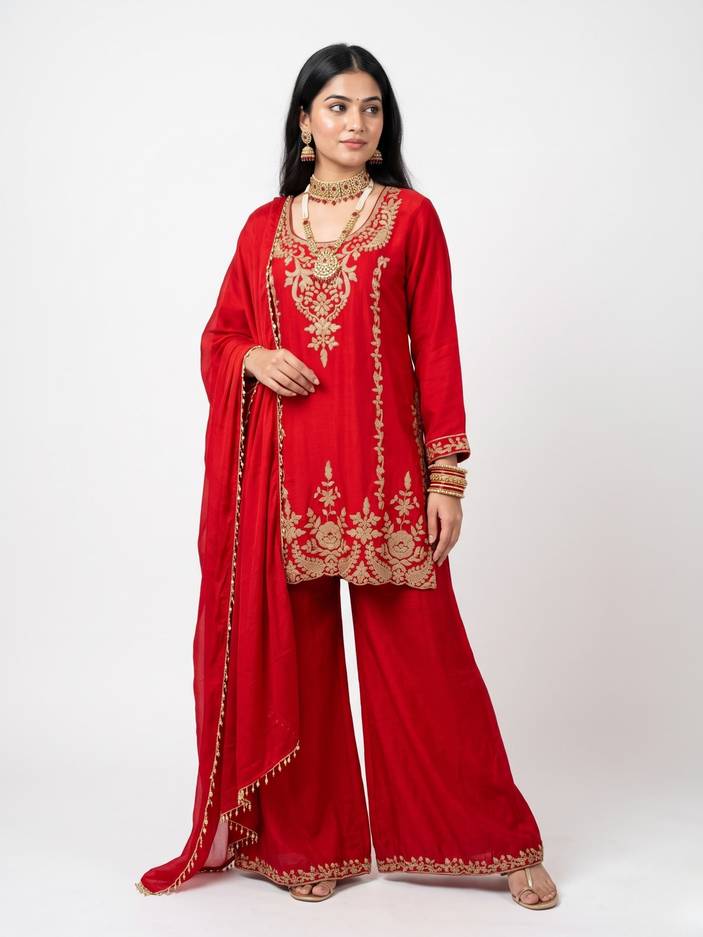Red Chinon Indo Western with Cutdana Embroidery 2