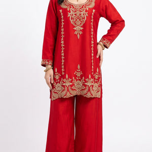 Red Chinon Indo Western with Cutdana Embroidery 3