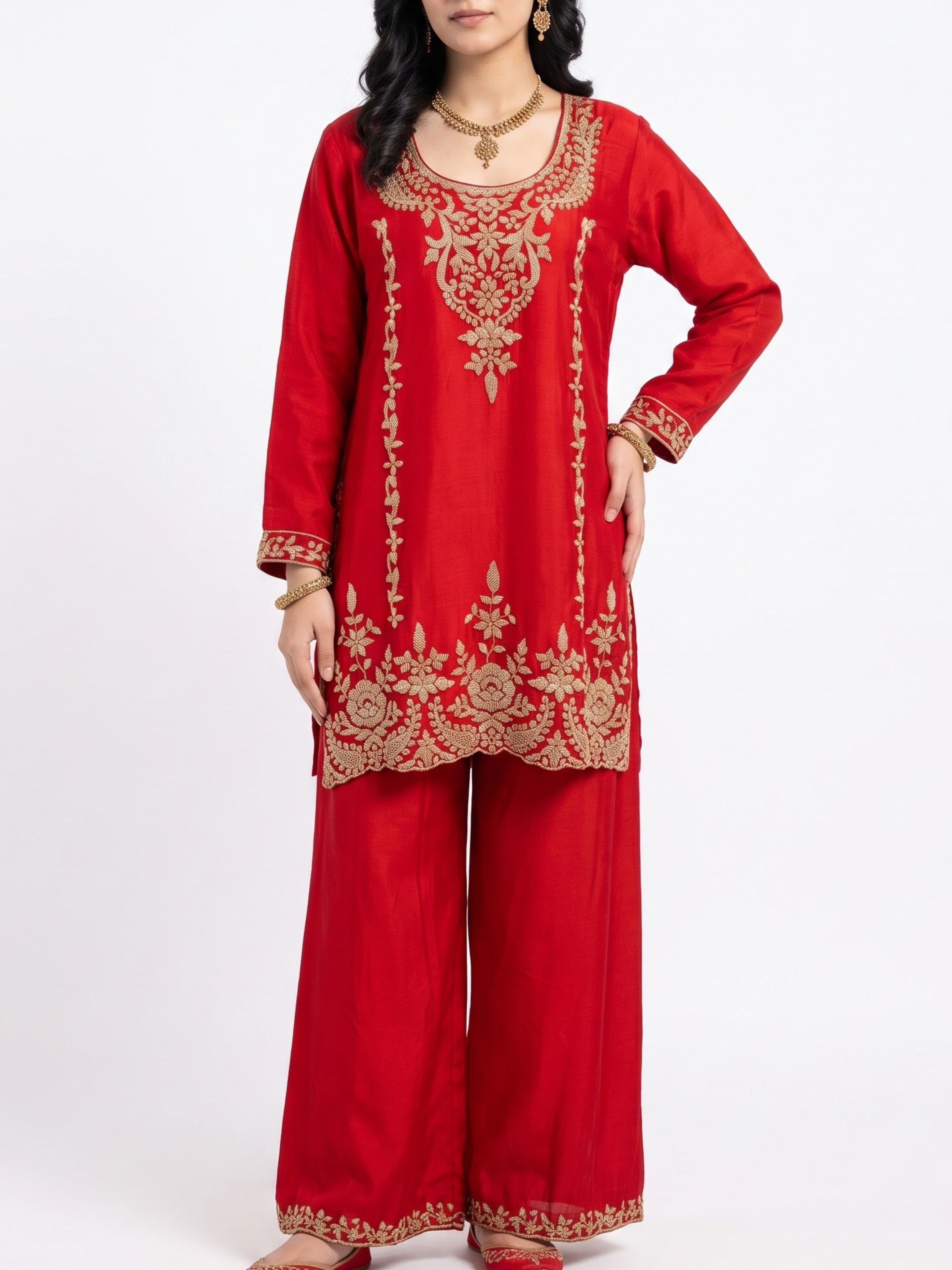 Red Chinon Indo Western with Cutdana Embroidery 3