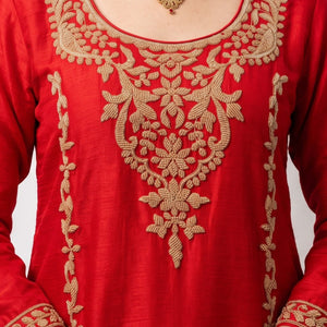 Red Chinon Indo Western with Cutdana Embroidery 5