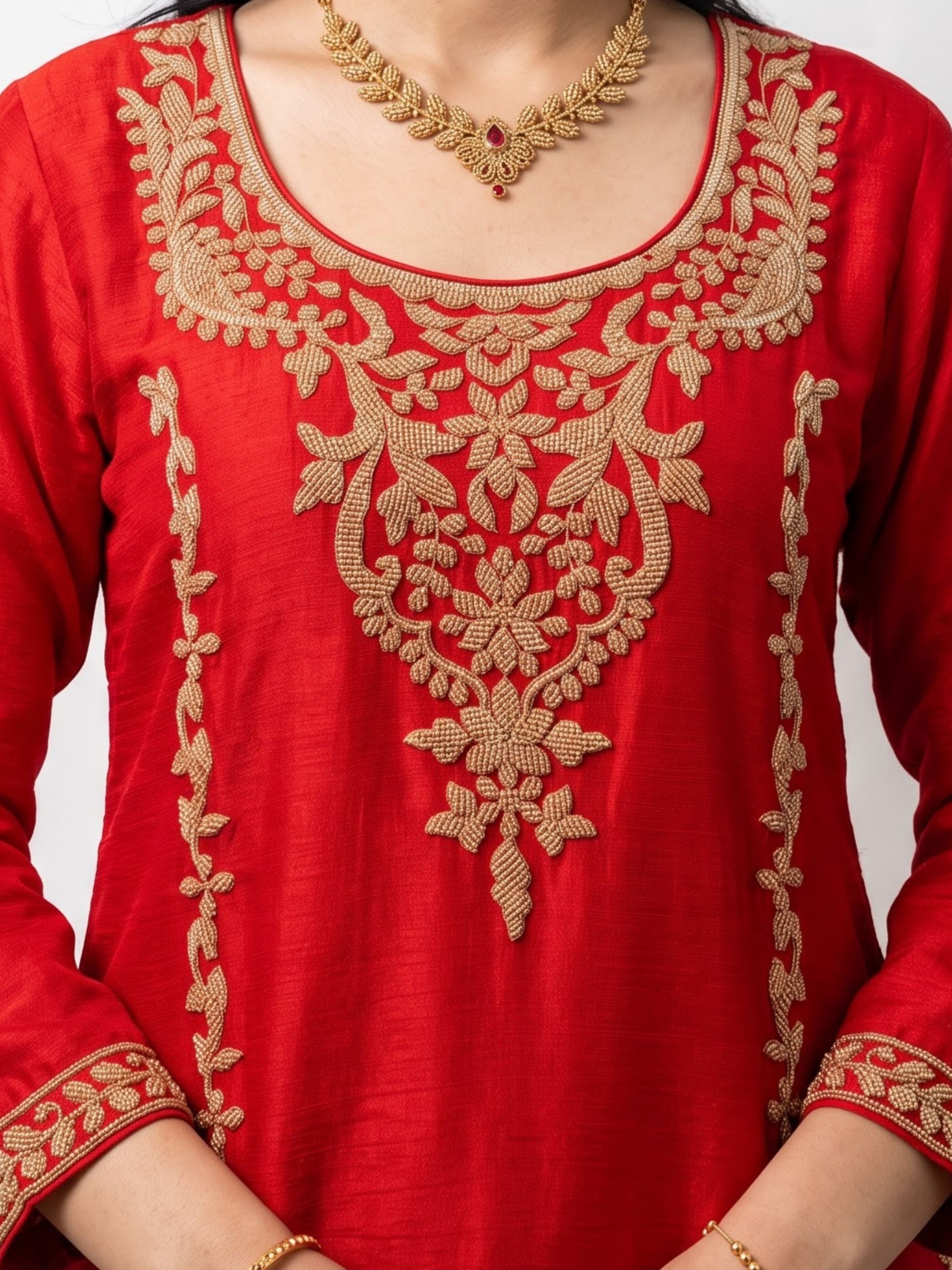 Red Chinon Indo Western with Cutdana Embroidery 5