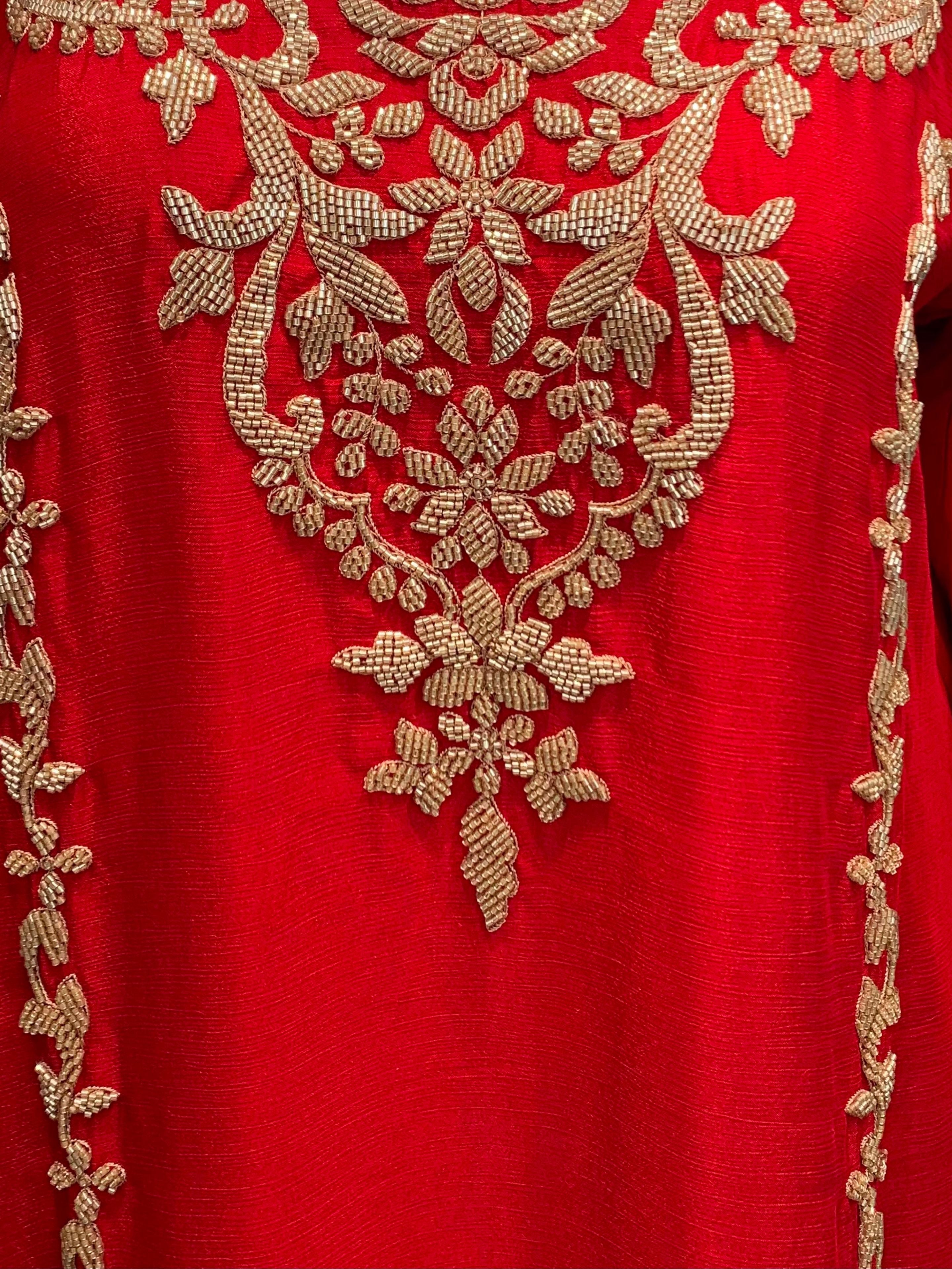 Red Chinon Indo Western with Cutdana Embroidery 6