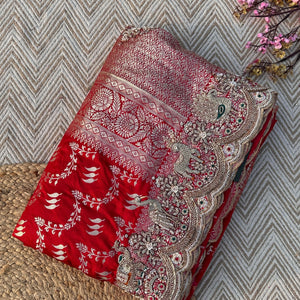 Red Rani Banarasi Satin Unstitched Saree Embellished With Zari, Moti, Sequins & Cutdana Work