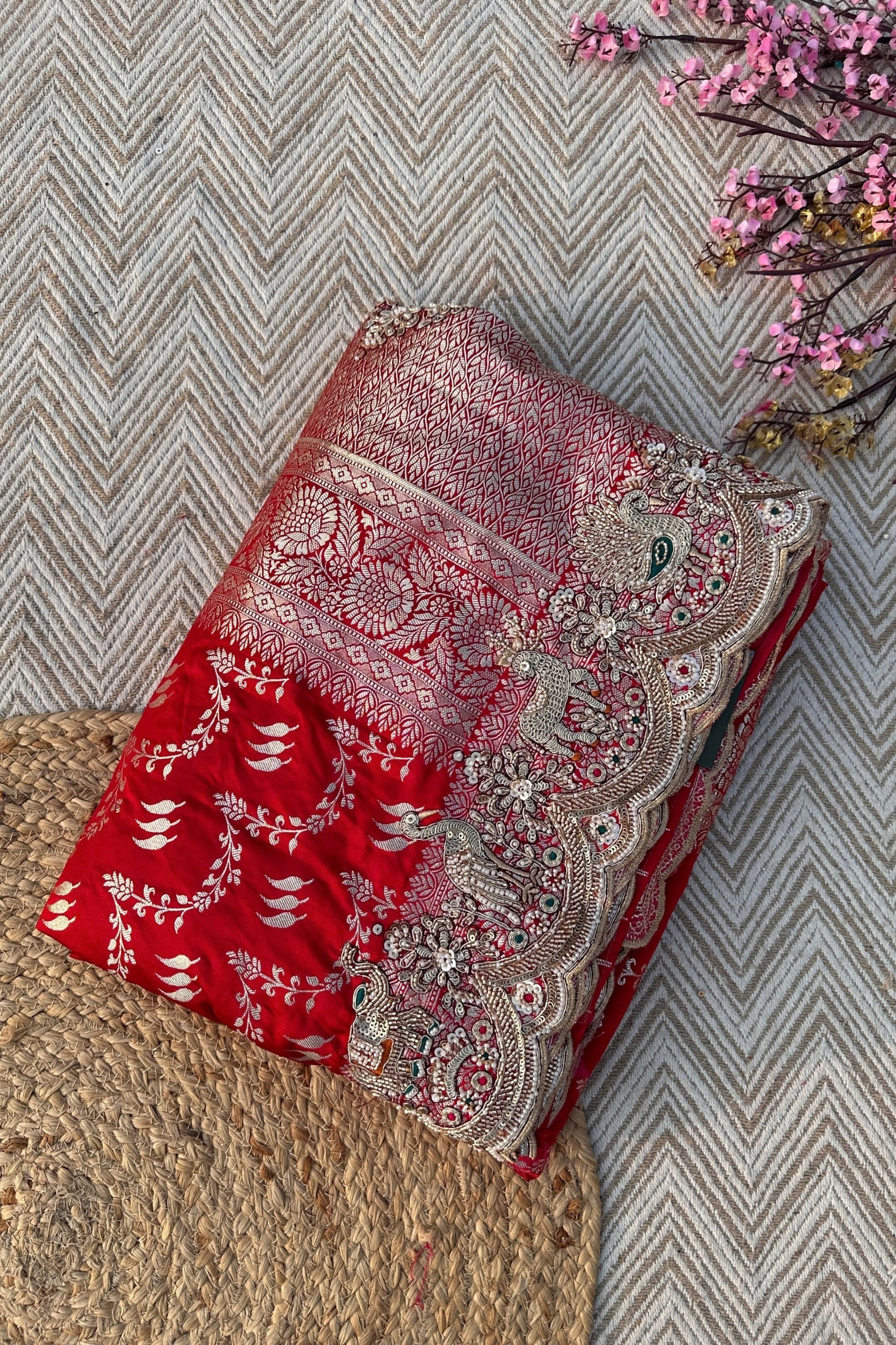 Red Rani Banarasi Satin Unstitched Saree Embellished With Zari, Moti, Sequins & Cutdana Work