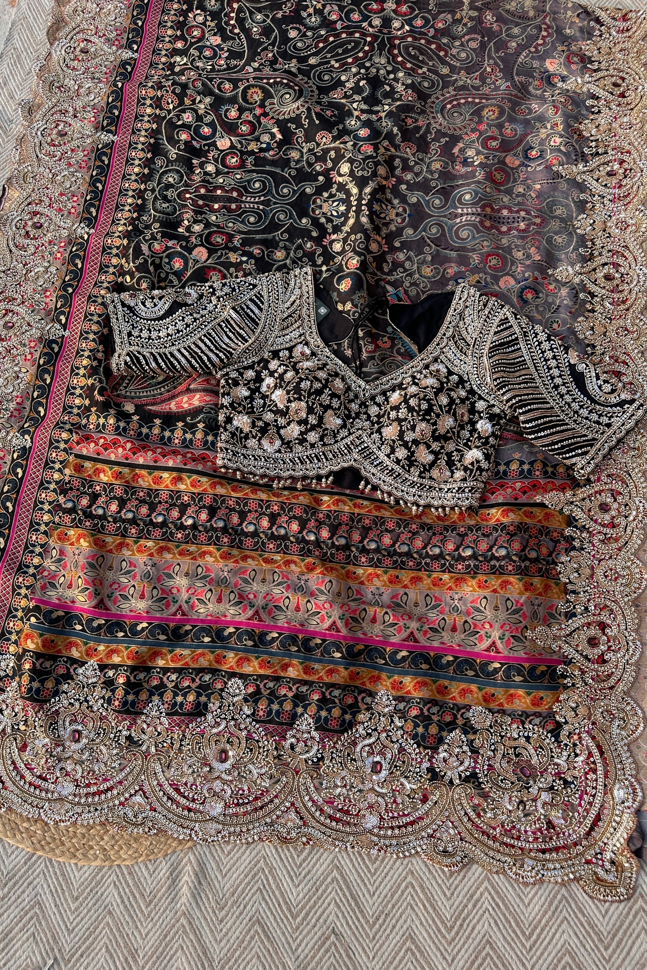 Black Banarasi Silk Saree Embellished With Cutdana, Sequins, Moti & Stone work