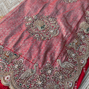 Red Rani Banarasi Satin Unstitched Saree Embellished With Zari, Moti, Sequins & Cutdana Work