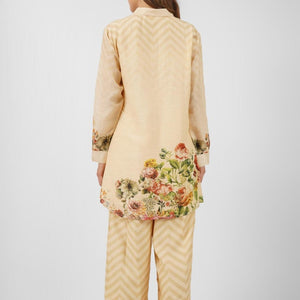 Beige Linen Indo Western Coord Set with Sequins and Printed Embroidery