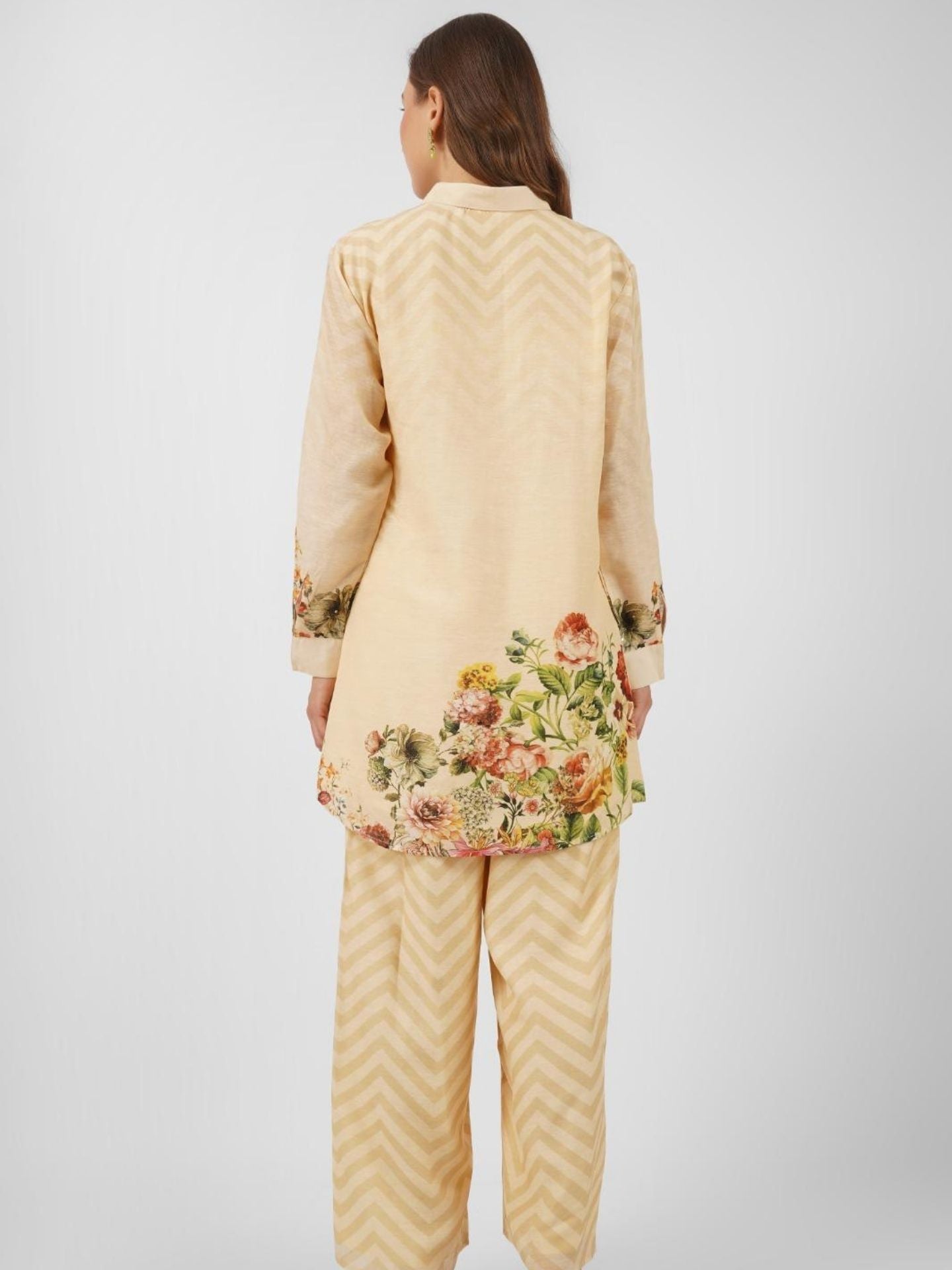 Beige Linen Indo Western with Sequins and Printed Embroidery