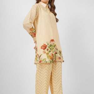 Beige Linen Indo Western Coord Set with Sequins and Printed Embroidery