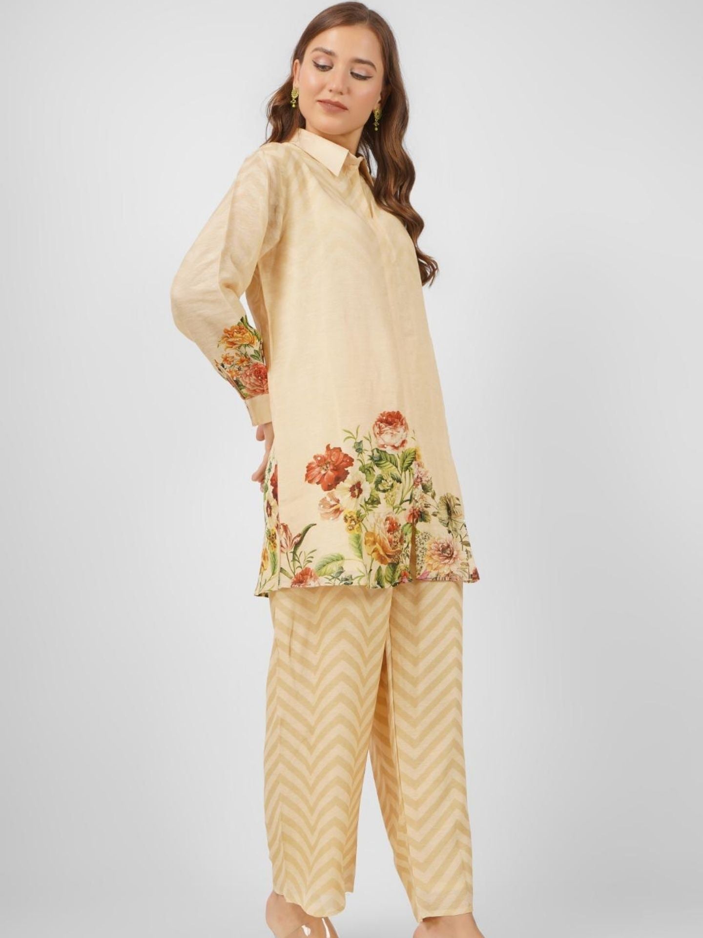 Beige Linen Indo Western with Sequins and Printed Embroidery