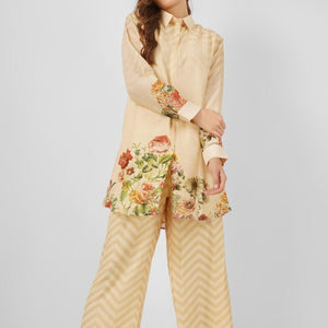 Beige Linen Indo Western Coord Set with Sequins and Printed Embroidery