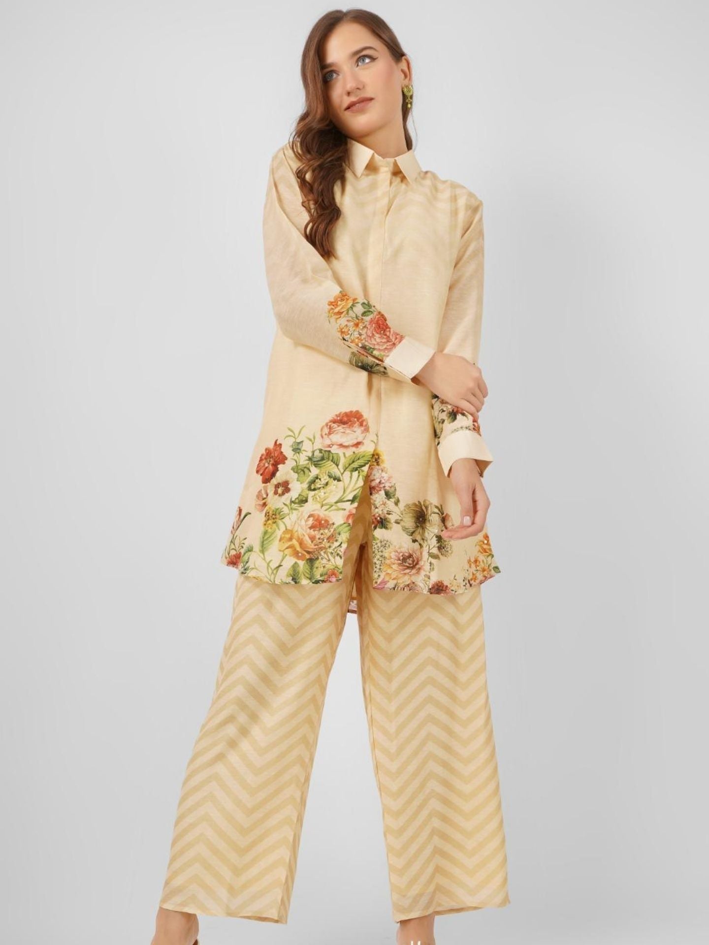 Beige Linen Indo Western with Sequins and Printed Embroidery