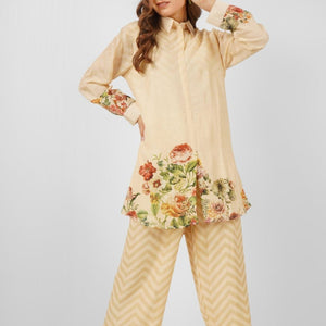 Beige Linen Indo Western Coord Set with Sequins and Printed Embroidery