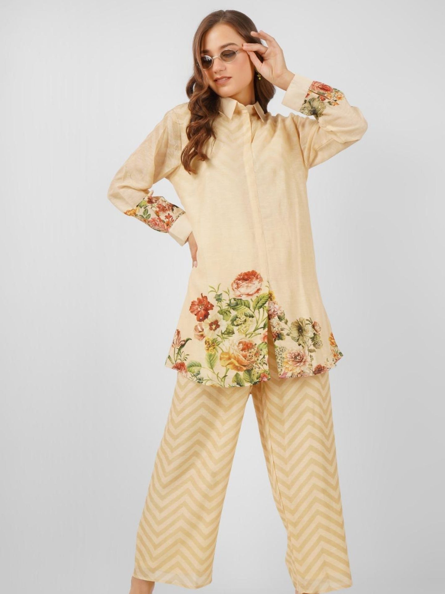 Beige Linen Indo Western with Sequins and Printed Embroidery