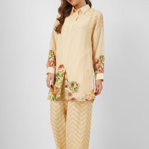 Beige Linen Indo Western Coord Set with Sequins and Printed Embroidery