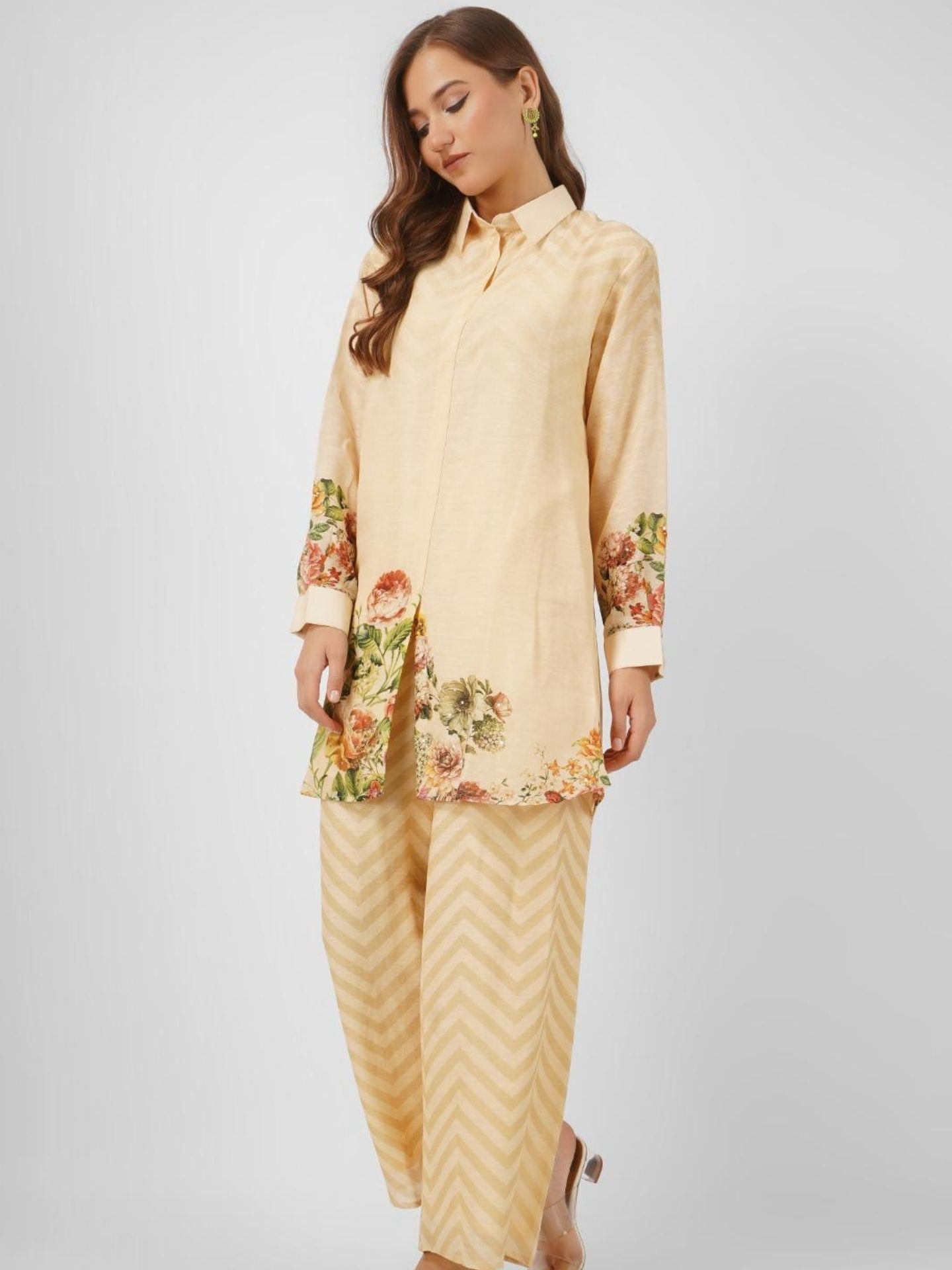 Beige Linen Indo Western with Sequins and Printed Embroidery