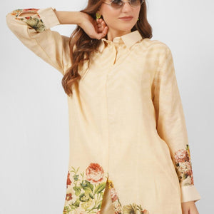 Beige Linen Indo Western Coord Set with Sequins and Printed Embroidery