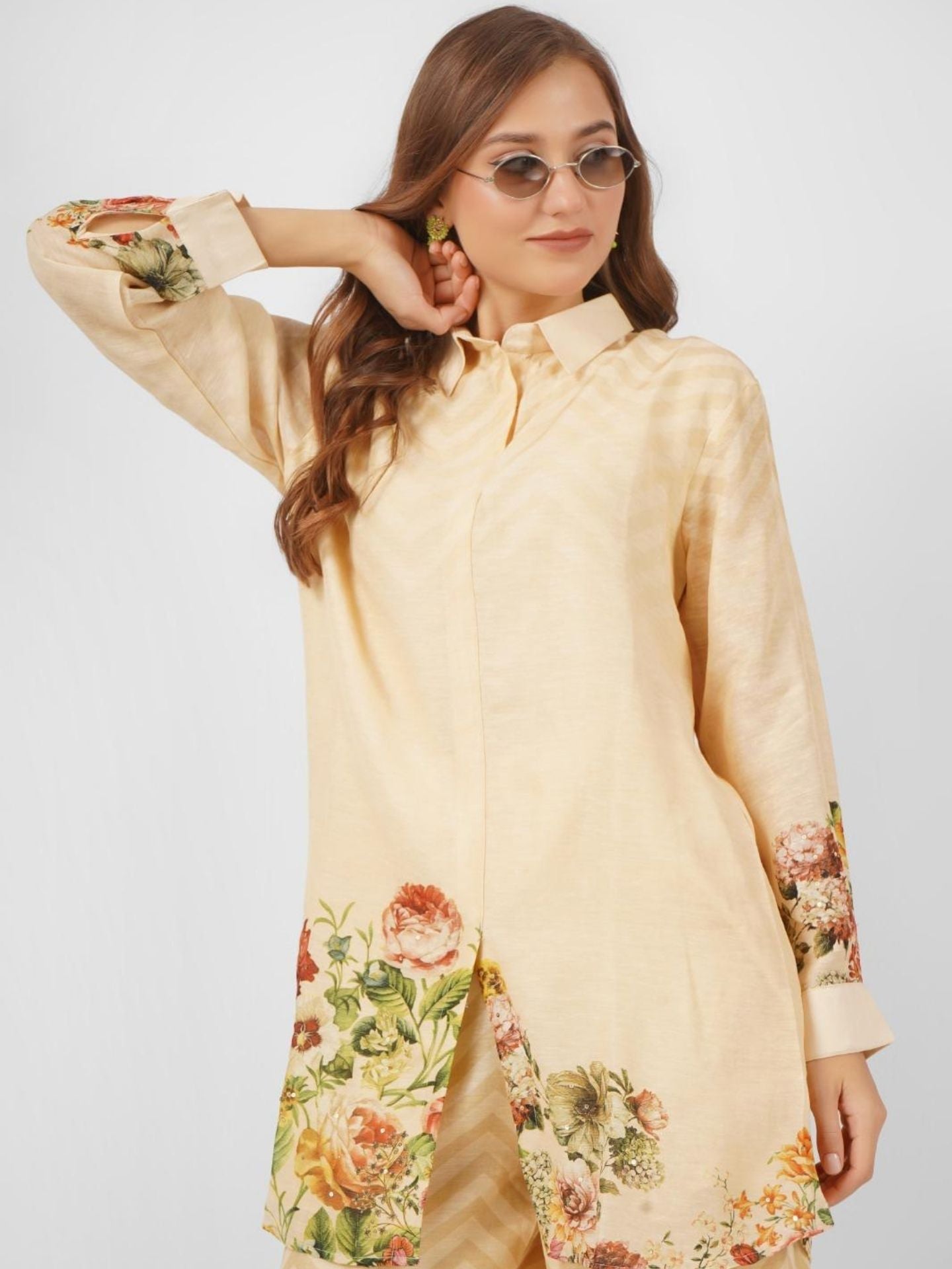 Beige Linen Indo Western with Sequins and Printed Embroidery