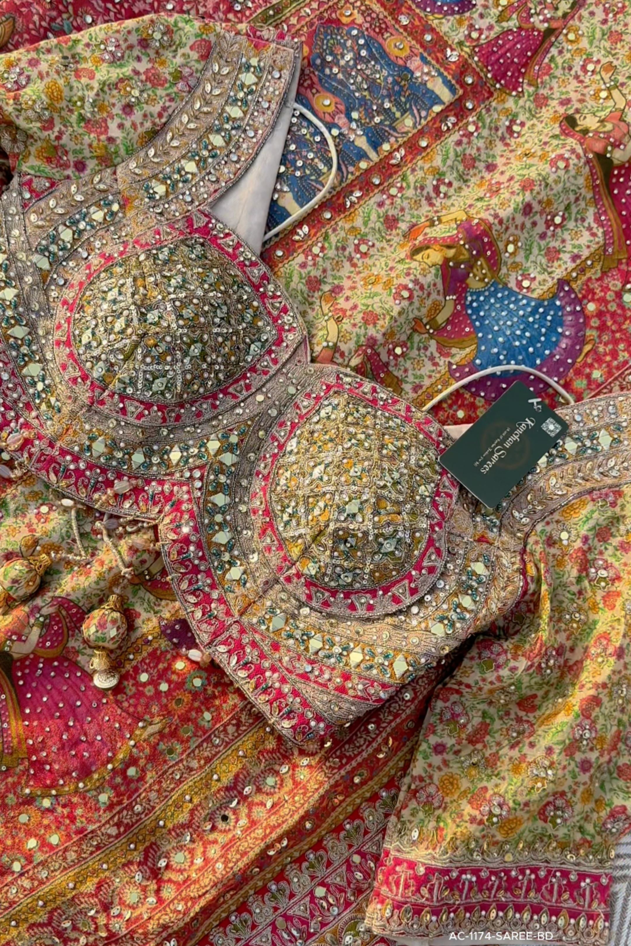 Multicolour Tissue Saree Embellished With Kundan, Sequins & Cut Dana Work
