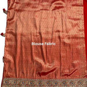 Orange Banarasi Silk Unstitched Saree with Dupatta Embellished with Moti & Zari Work