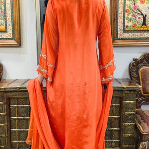 Orange Chinon Indowestern Top,Bottom and Dupatta with Swarovski,Sequins and Pearl Work