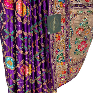 Purple Banarasi Silk Satin Unstitched Saree with Dabka, Sequins & Cut Dana Work