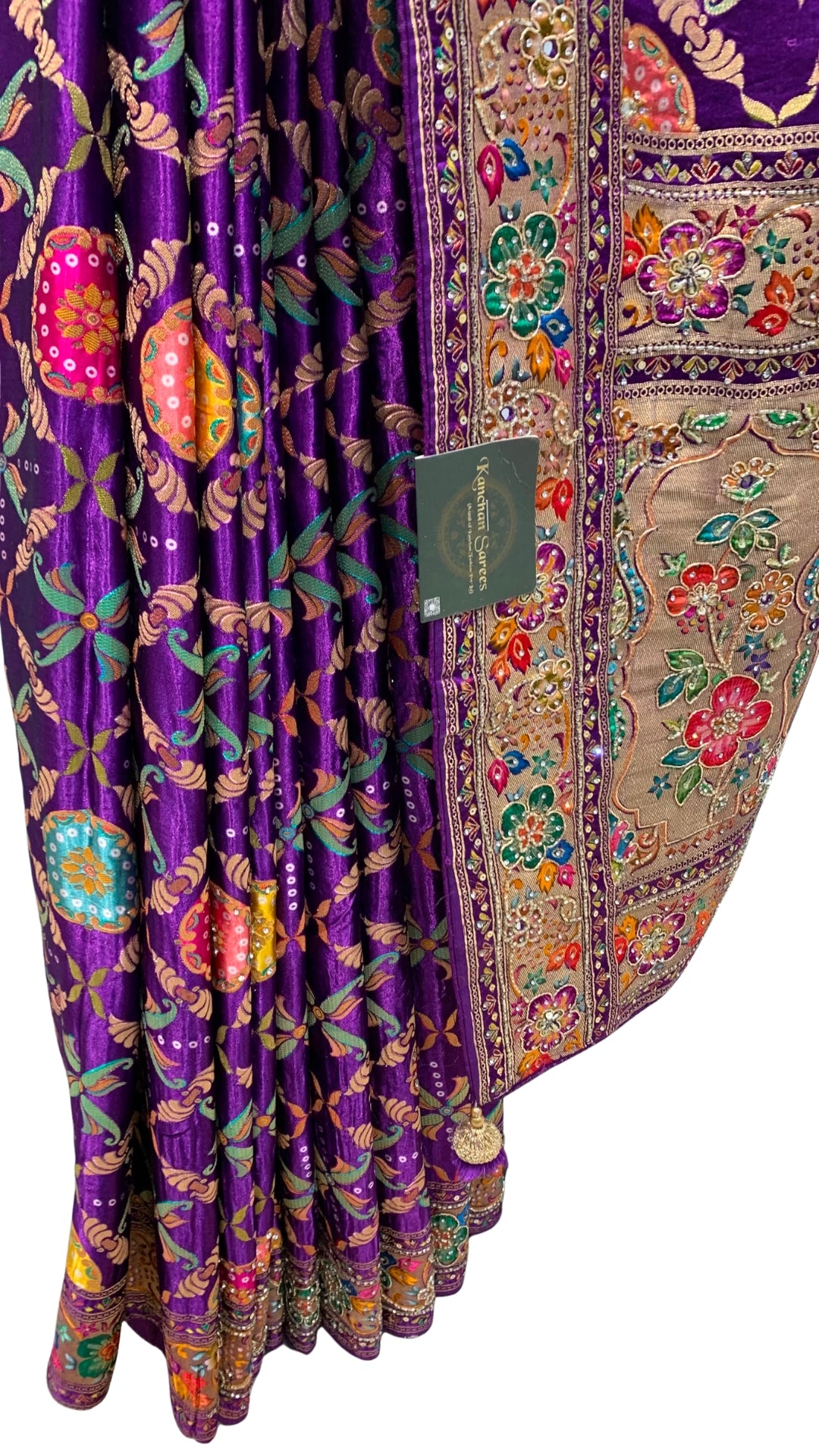 Purple Banarasi Silk Satin Unstitched Saree with Dabka, Sequins & Cut Dana Work