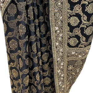 Black Satin Silk Banarasi Unstitched Saree with Dabka, Mirror & Cut Dana Work