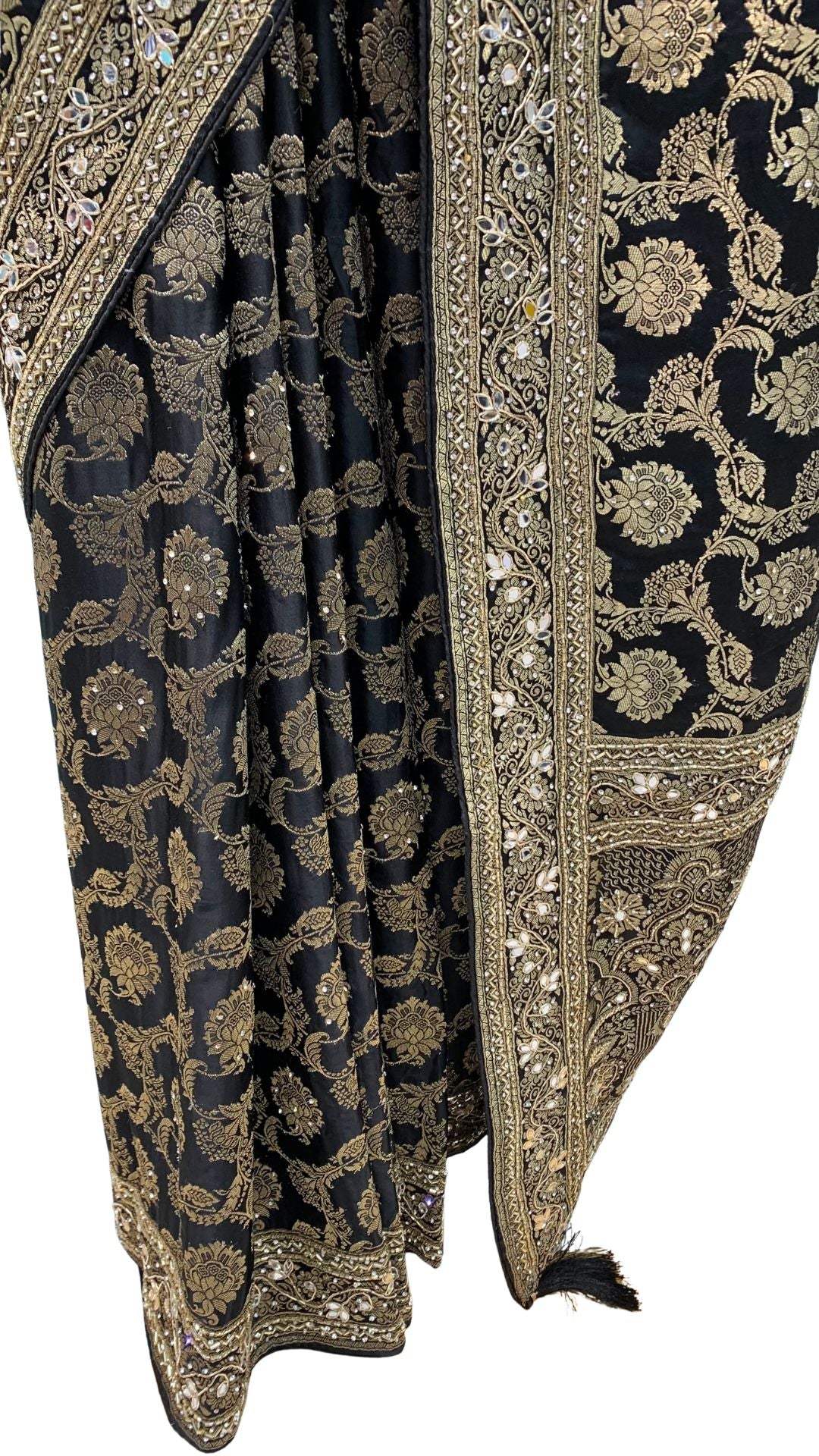 Black Satin Silk Banarasi Unstitched Saree with Dabka, Mirror & Cut Dana Work