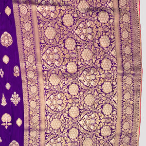 Purple Banarasi Silk Saree with Stitched Pink Blouse and Weaving Work