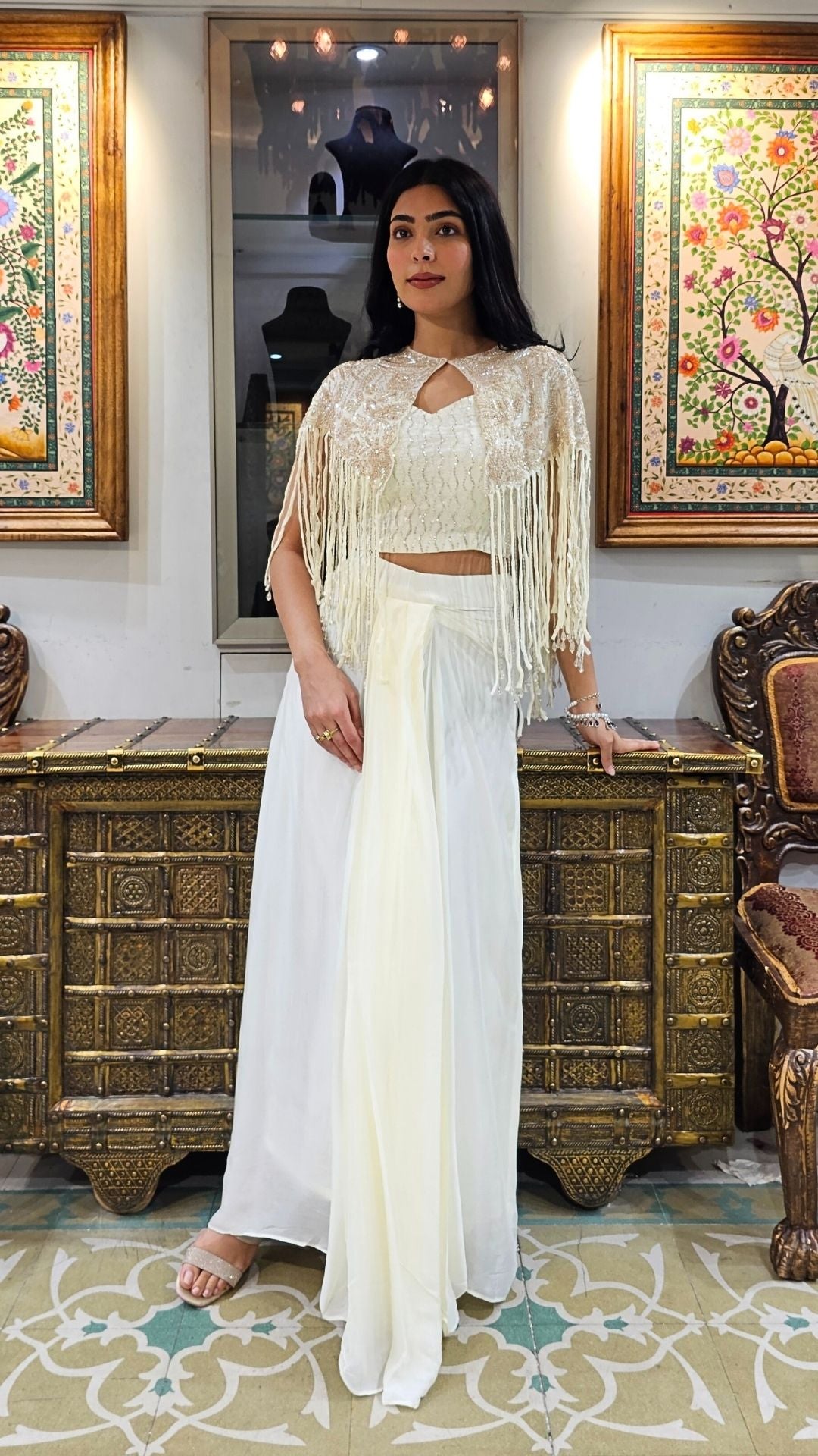 White and Cream Chinon Indowestern 3 Piece with Cutdana and Sequins Work