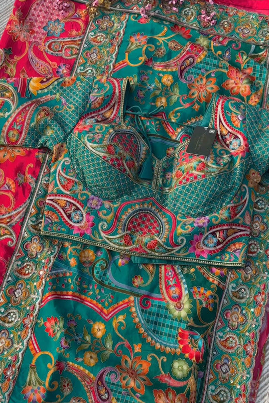 Rama Green Silk Saree Embellished With Zari, Sequins & Print Work