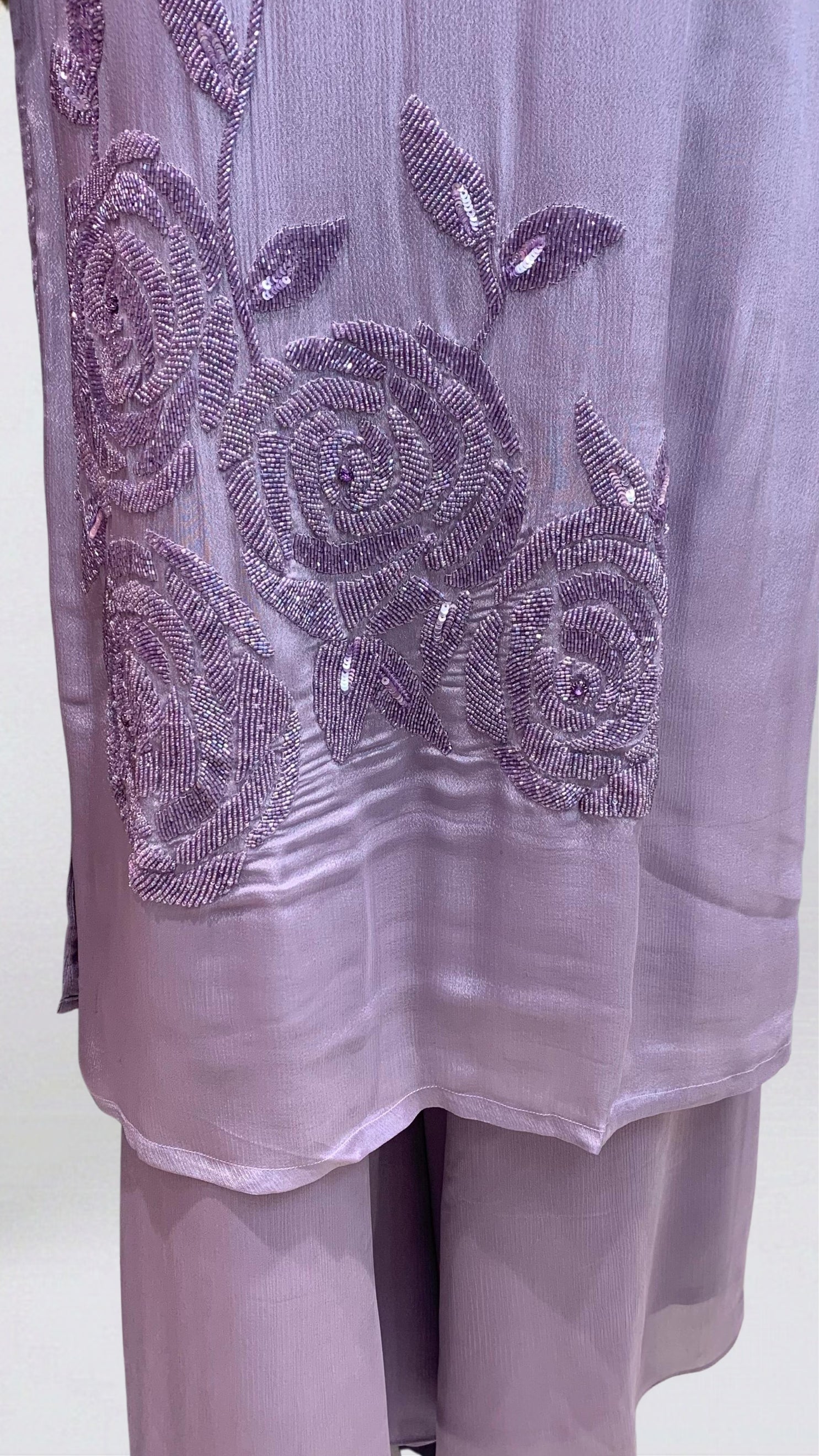 Lavender Chinon Suit Embellished with Cutdana Detailing
