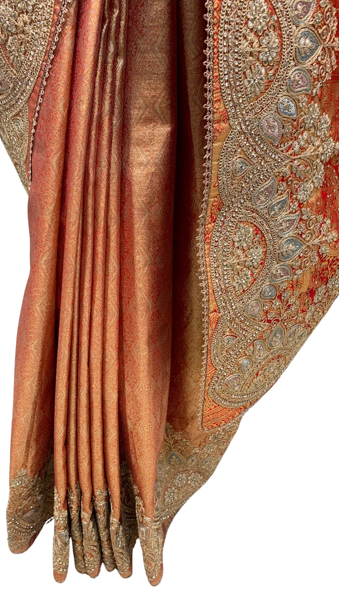 Orange Banarasi Unstitched Saree with Zarkan Work