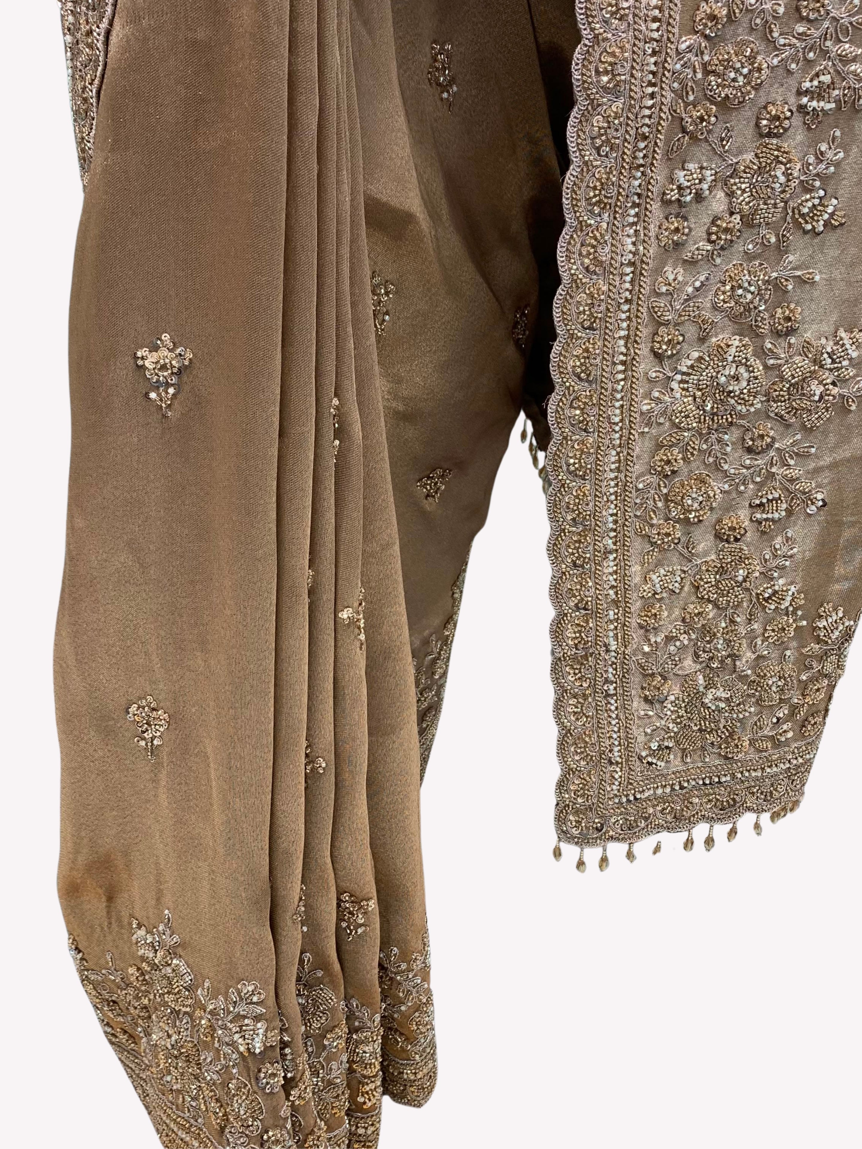 Golden Tissue Saree Embellished With Cutdana, Sequins, Pearl & Zari Work