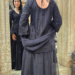 Black Organza Indowestern Top,Bottom and Dupatta with Cutdana and Dori Work