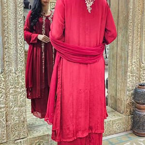 Maroon Chinon Indowestern Top,Bottom,Cape and Dupatta with Pearl,Sequins and Dabka Work