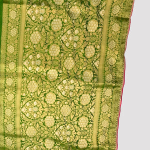 Green Banarasi Silk Saree with Stitched Pink Blouse and Weaving Work