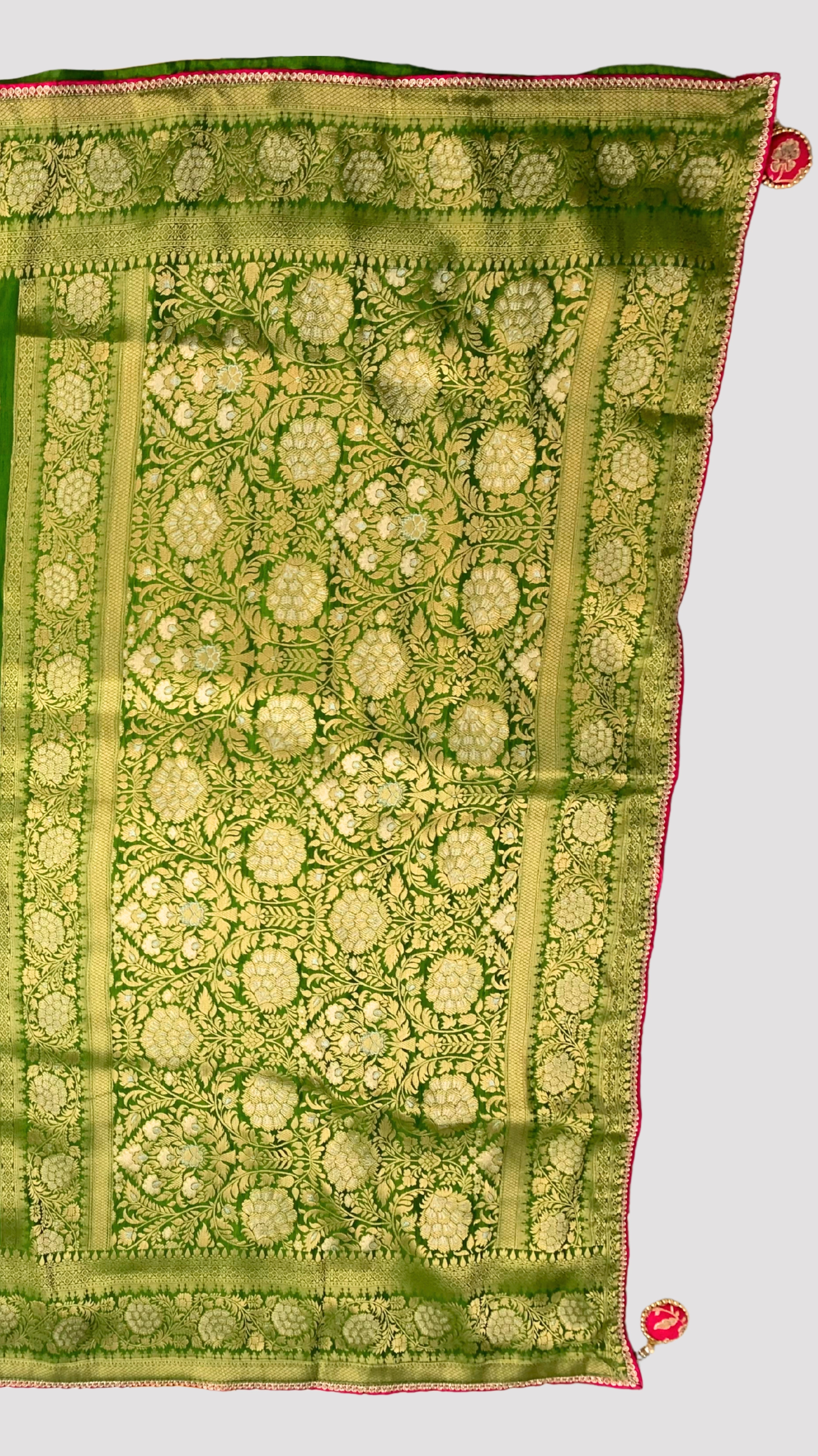 Green Banarasi Silk Saree with Stitched Pink Blouse and Weaving Work