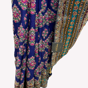 Navy Blue Chinon Ready Made Saree Embellished With Zari, Stone, Mirror & Chandla Work